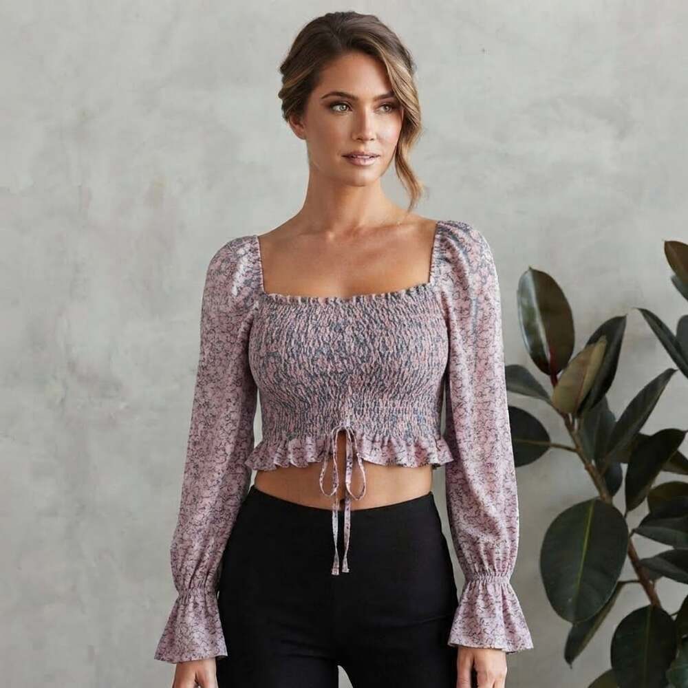 Altar'd State Floral Smocked Crop Top with Long Sleeves and Tie Front Size XS